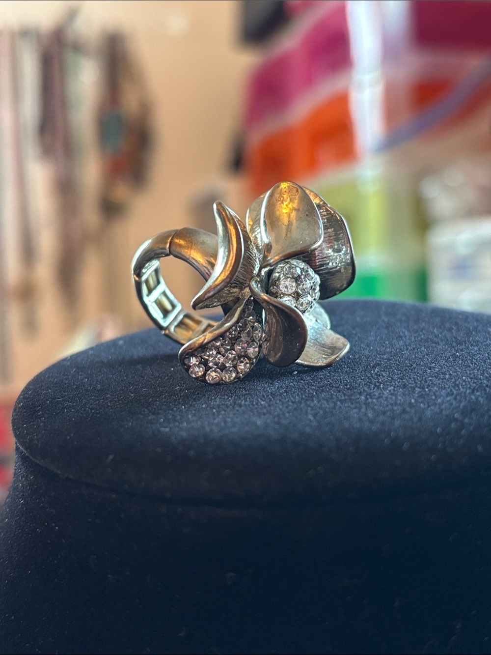 Silver Floral Crystal Cocktail Statement Ring - Women Jewelry